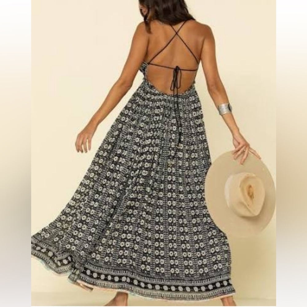Free People Good Vibes Geometric Print Beaded Sequin Triangle Top Maxi Dress - Picture 12 of 16